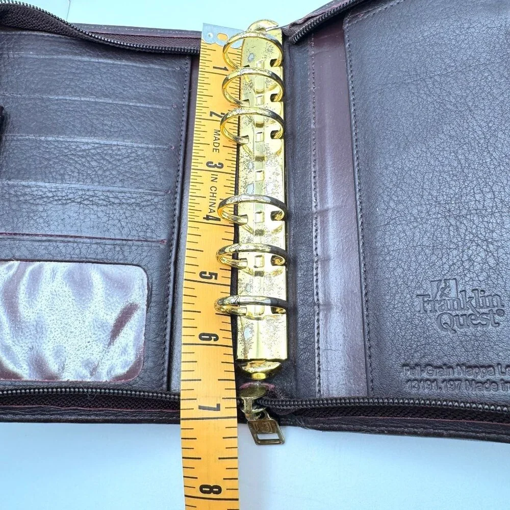 Franklin Quest Vtg Maroon Brown Full Grain Nappa Leather 6 Ring Zipper Binder 7